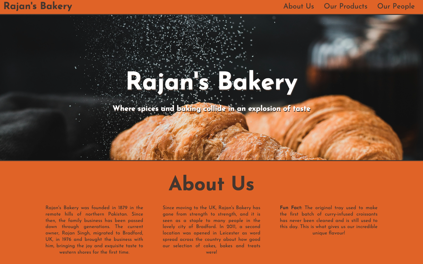 Screenshot of the Rajan's Bakery website